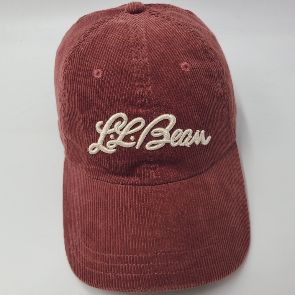 LL Bean Hat Strapback Burgundy Red Corduroy Script Logo Leather Strap Casual Men